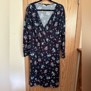 George super soft knit dress 2X EUC midi faux wrap navy with floral print